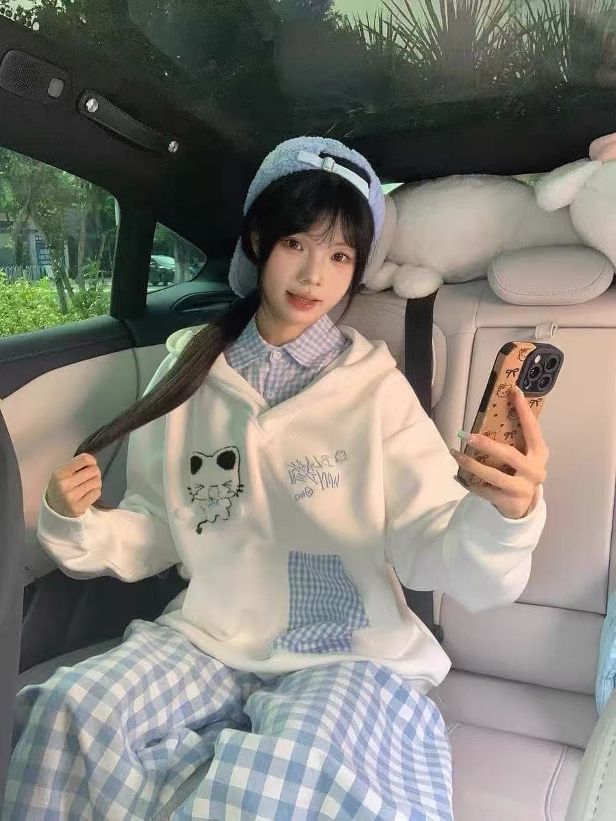 있음 선적 좋은 품질 원본 솜씨 광저우 체크 직물 자수 순수한 Mianhua 면 복합 후드 티 스웨터 상세 이미지 4