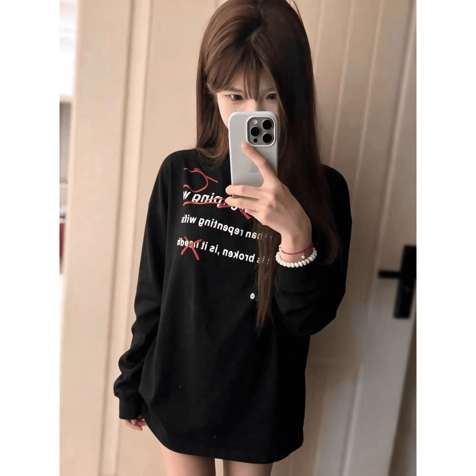 200그램 순면 플러그 루오 모방 당겨서 어깨 테두리 프린트 루즈핏 만나는 긴팔 티셔츠 이미지 5