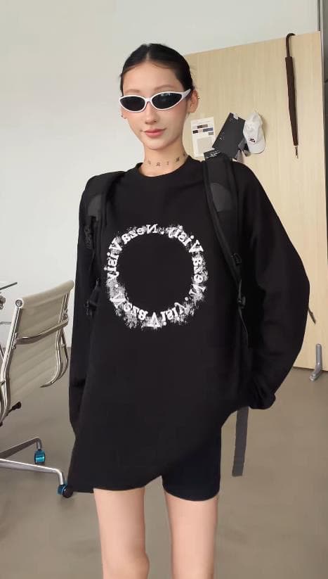 높은 품질 순면 200그램 21 빗질하다 정밀 프린트 가을 루즈핏 긴팔 티셔츠 여성 상세 이미지 5