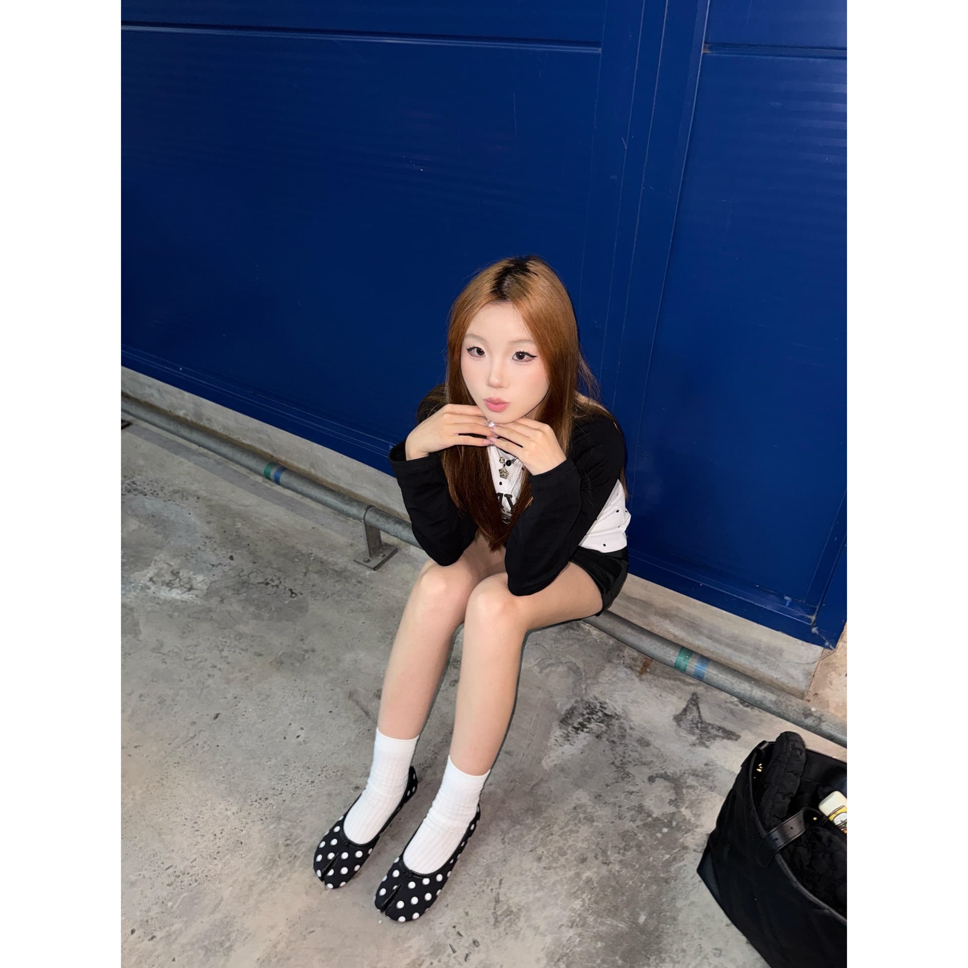 40 92 면 8 암모니아 Lun 이후 패키지 칼라 삽입 어깨 배색 몸매 가꾸기 도트 무늬 프린트 긴팔 티셔츠 이미지 5