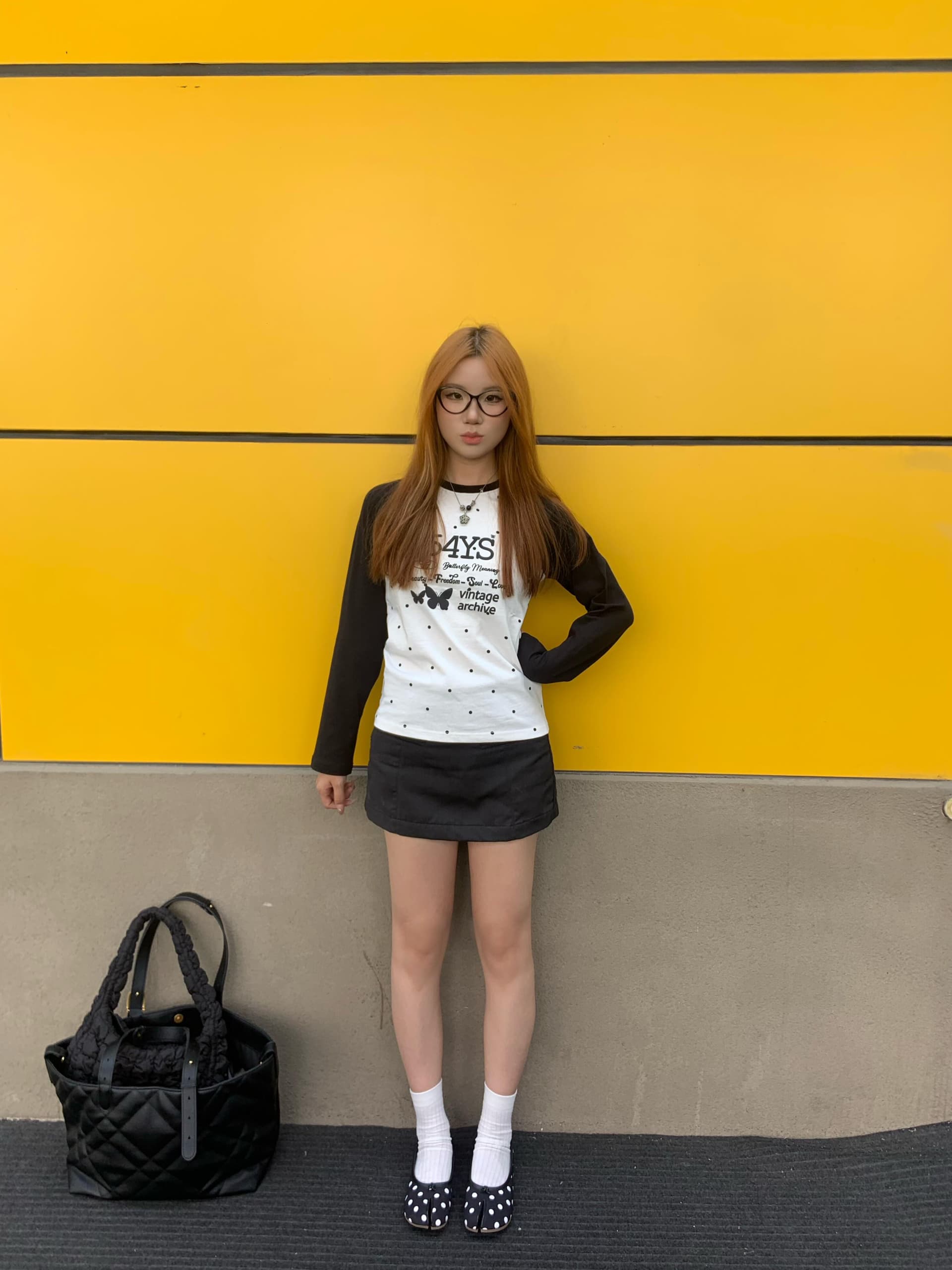 40 92 면 8 암모니아 Lun 이후 패키지 칼라 삽입 어깨 배색 몸매 가꾸기 도트 무늬 프린트 긴팔 티셔츠 상세 이미지 2