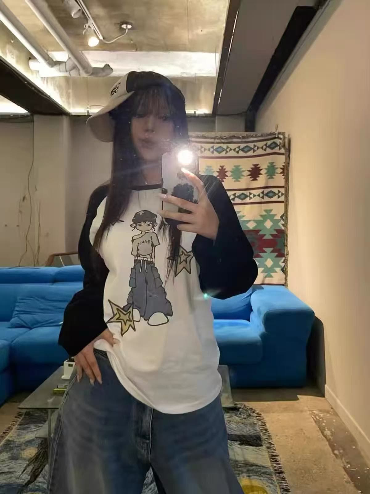 높은 품질 순면 200그램 21 빗질하다 정밀 프린트 가을 패치워크 색상 긴팔 티셔츠 여성 상세 이미지 1