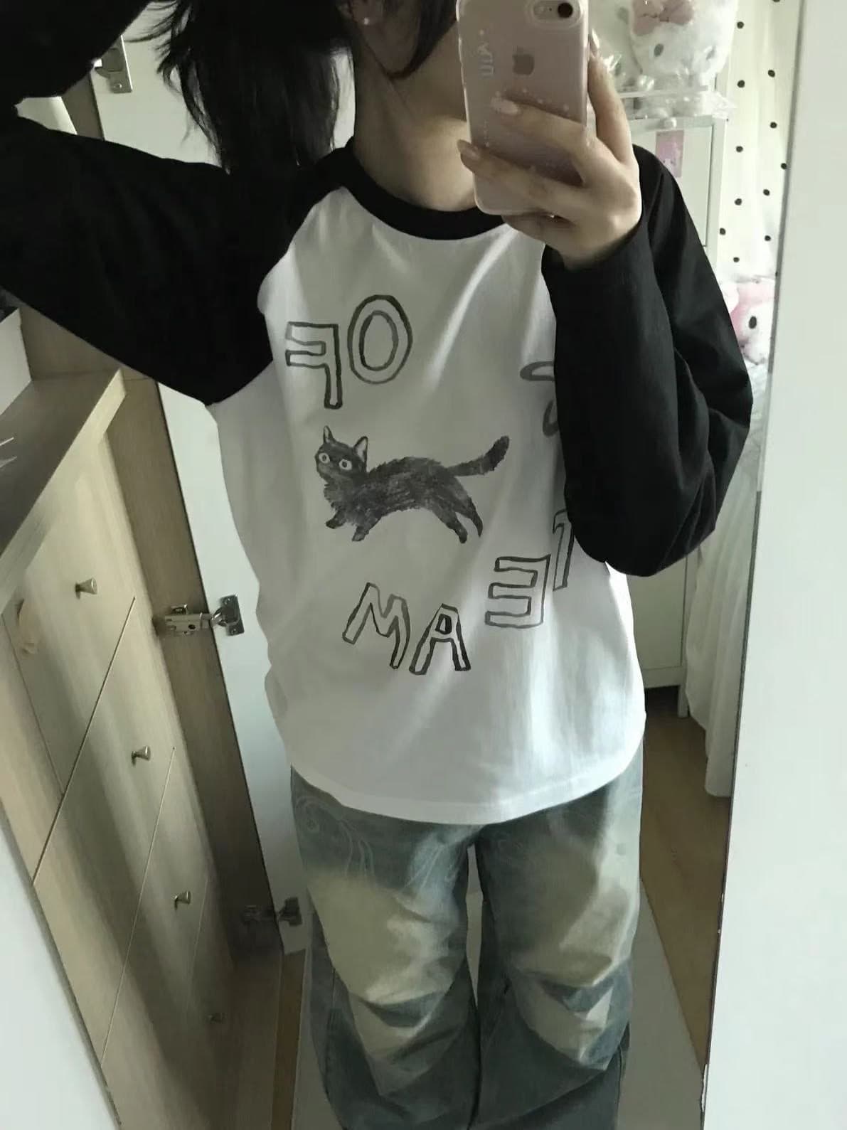 높은 품질 순면 200그램 21 빗질하다 정밀 프린트 가을 패치워크 색상 긴팔 티셔츠 여성 상세 이미지 1