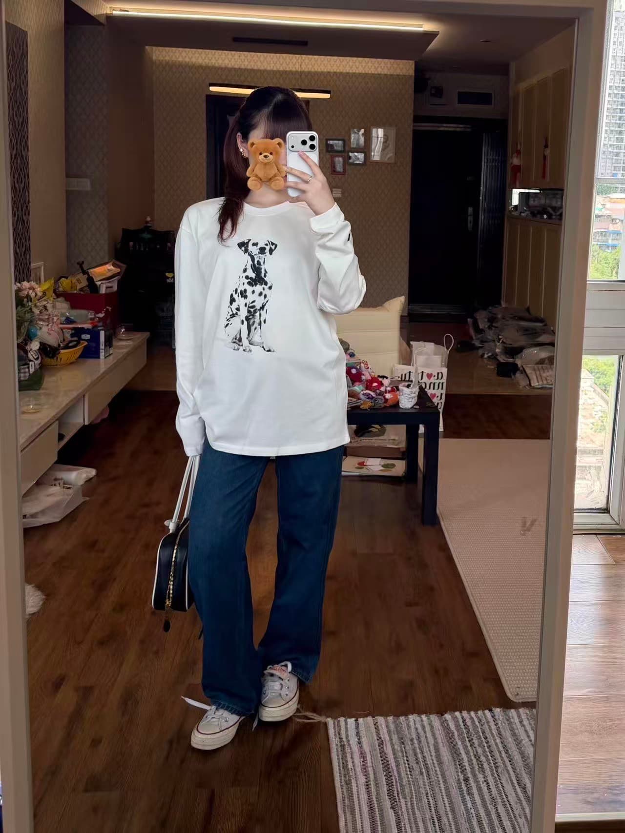 높은 품질 순면 200그램 21 빗질하다 정밀 프린트 가을 긴팔 티셔츠 여성 이미지 2