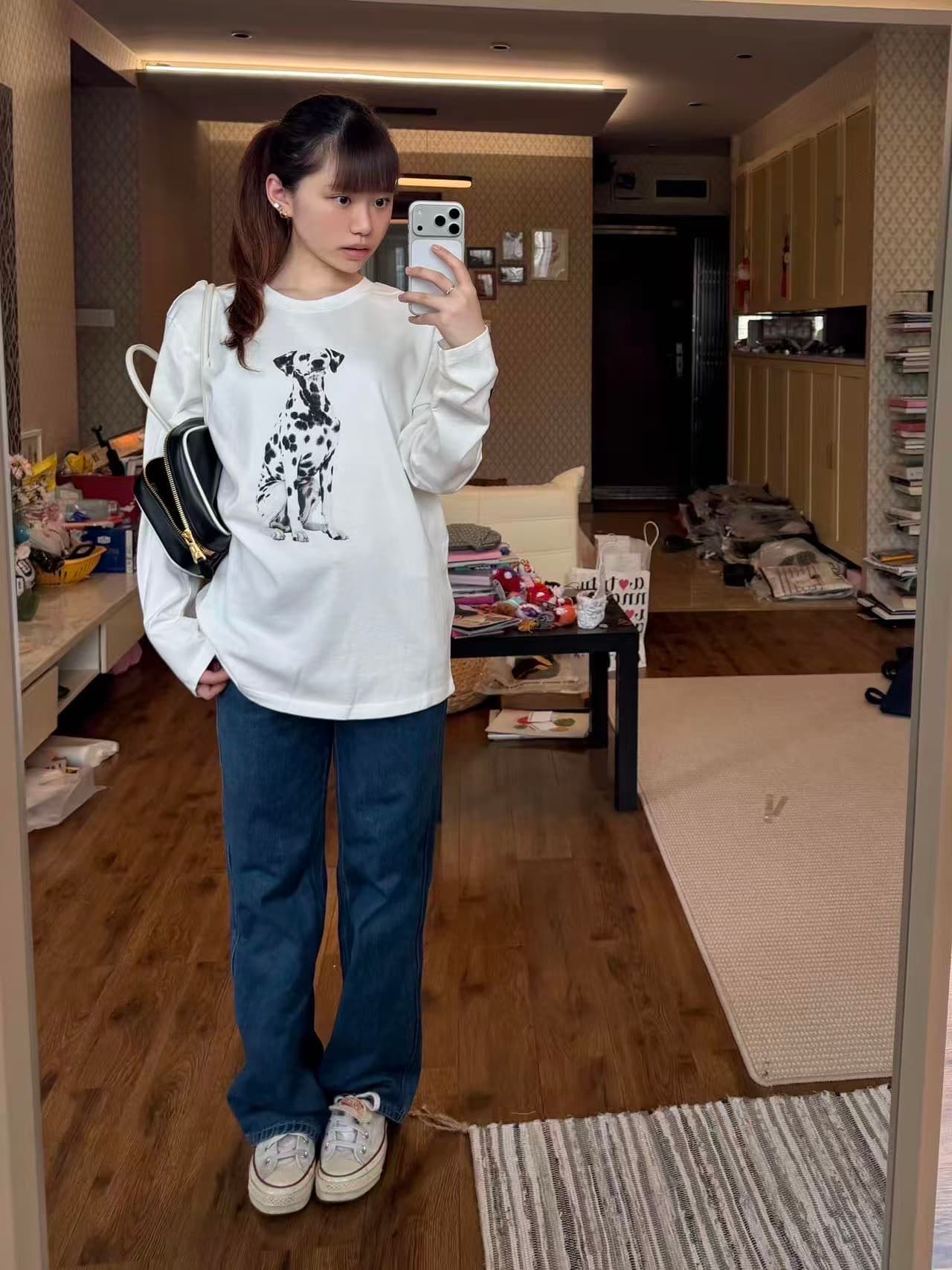높은 품질 순면 200그램 21 빗질하다 정밀 프린트 가을 긴팔 티셔츠 여성 상세 이미지 4