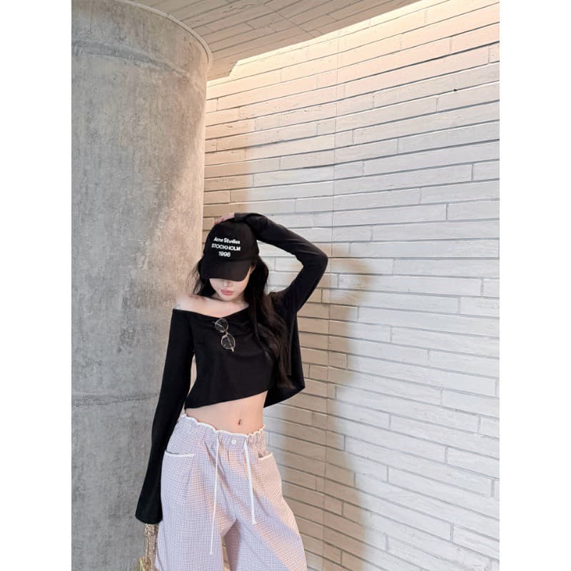 원본 사람들 면 260 그램 순수한 욕망 핫걸 비스듬한 칼라 오프숄더 긴팔 티셔츠 섹시함 이슬 뼈의 맨위 상세 이미지 3