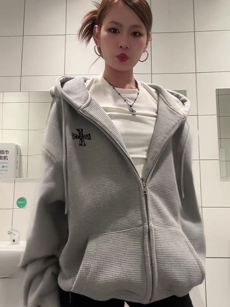 얇은 스타일 털이 있는 원본 솜씨 후아 남편 그리드 복합 후드티 여성 이미지 3