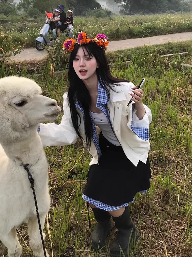 블루 화이트 체크무늬 배색 폴로 칼라 자수 페이크 레이어드 재킷 여성 코트 봄 가을 루즈핏 이미지 3