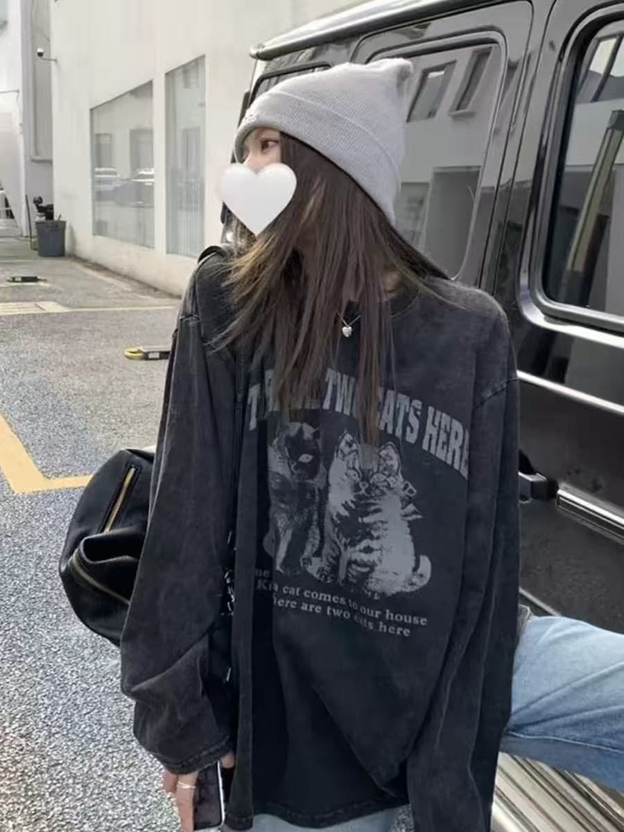230 크 워싱 마 오래된 아메리칸 레트로 프린트 긴팔 워싱 여성 루즈핏 높음 거리 의류 이미지 4