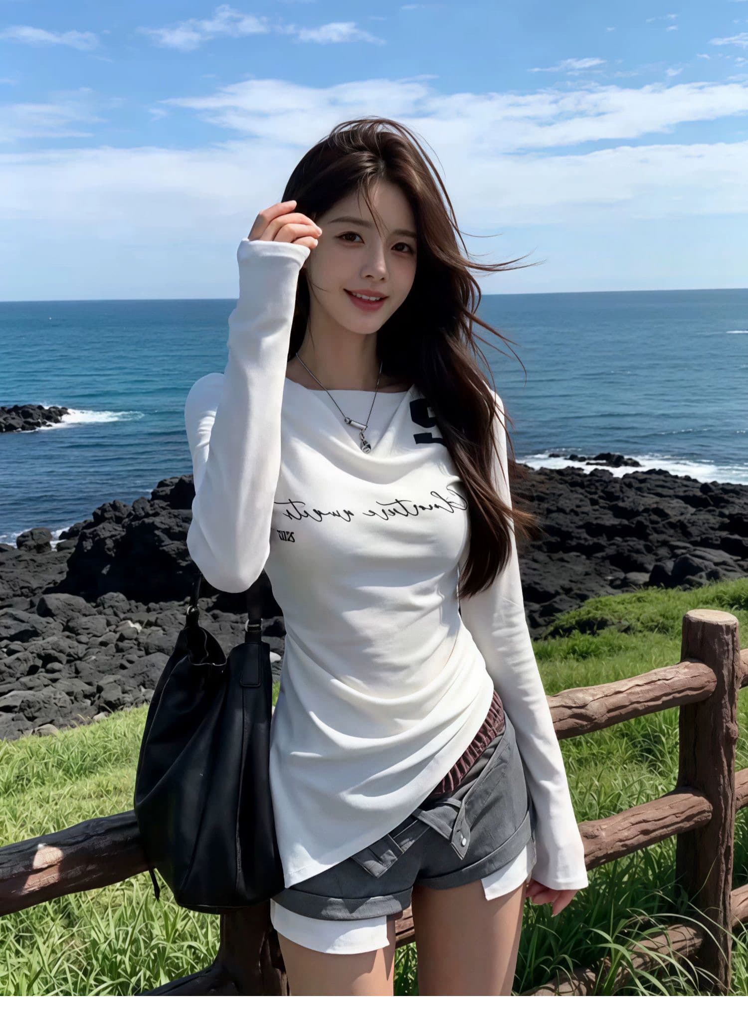사람들 면 화이트 보트넥 긴팔 티셔츠 이른 가을 핫걸 프린트 맨위 상세 이미지 2