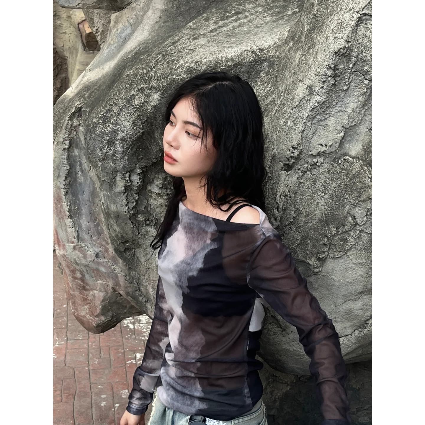 원본 품질 프랑스식 오프숄더 홀치기 염색 헤일로 염색 풀오버 망사 맨위 이미지 5