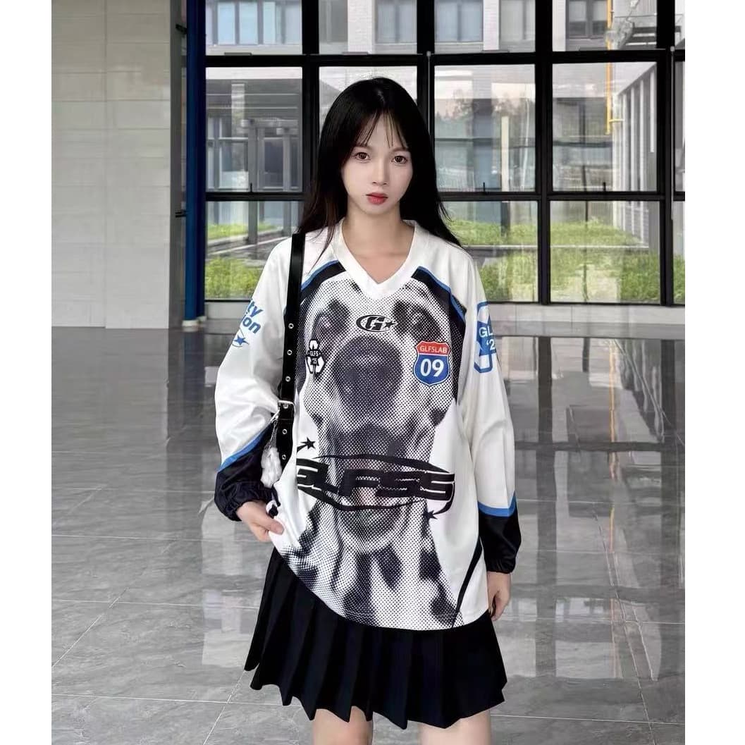 원본 솜씨 원본 저지 원단 아메리칸 높음 거리 V넥 프린트 루즈핏 운동 긴팔 티셔츠