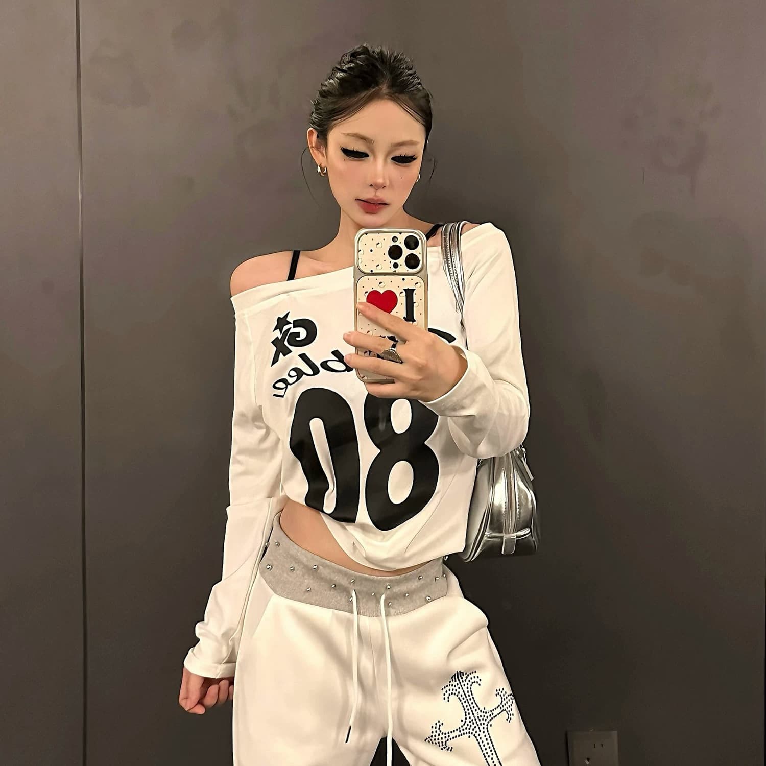 220 그램 92 면 8 암모니아 Lun 오프숄더 티셔츠 여성 긴 소매 기본 셔츠