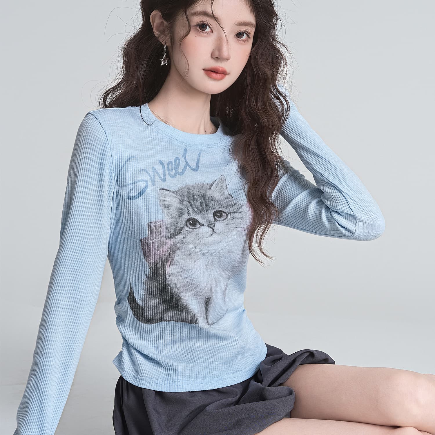 260 그램 사람들 면 새끼 고양이 창의성 프린트 디자인 센스 핫걸 다용도 긴팔 티셔츠 몸매 가꾸기 슬림해 보이는 쇼트 스타일 맨위 이미지 2