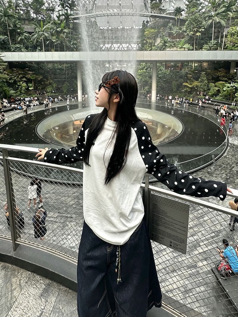 19 지점 220 그램 순면 아메리칸 레트로 도트 무늬 삽입 어깨 긴팔 티셔츠 여성 가을 겨울 새로운 루즈핏 맨위 이미지 2