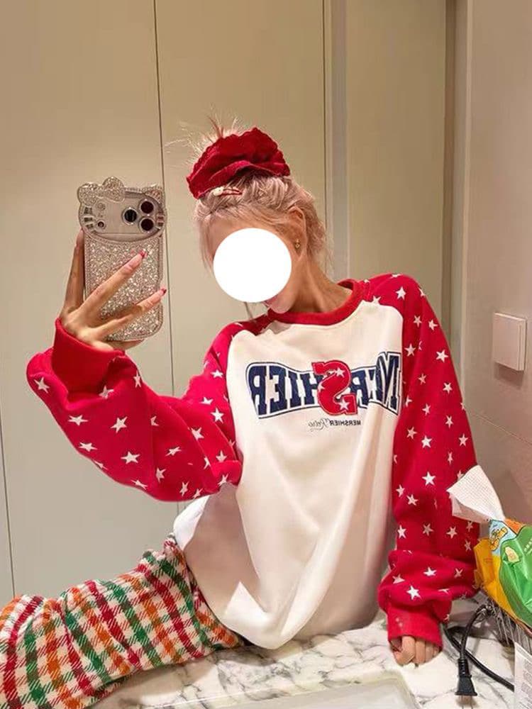 아메리칸 레트로 별 알파벳 자수 후드티 남녀 봄 가을 배색 삽입 어깨 소매 다용도 루즈핏 풀오버 맨위 이미지 2