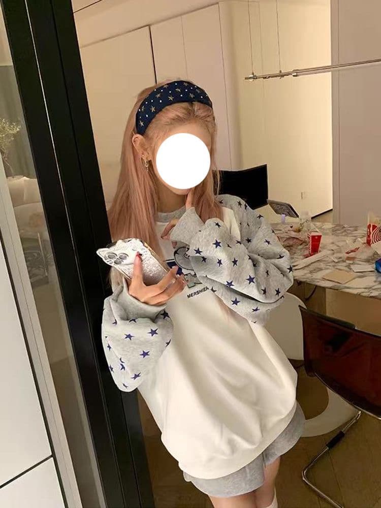아메리칸 레트로 별 알파벳 자수 후드티 남녀 봄 가을 배색 삽입 어깨 소매 다용도 루즈핏 풀오버 맨위 이미지 4