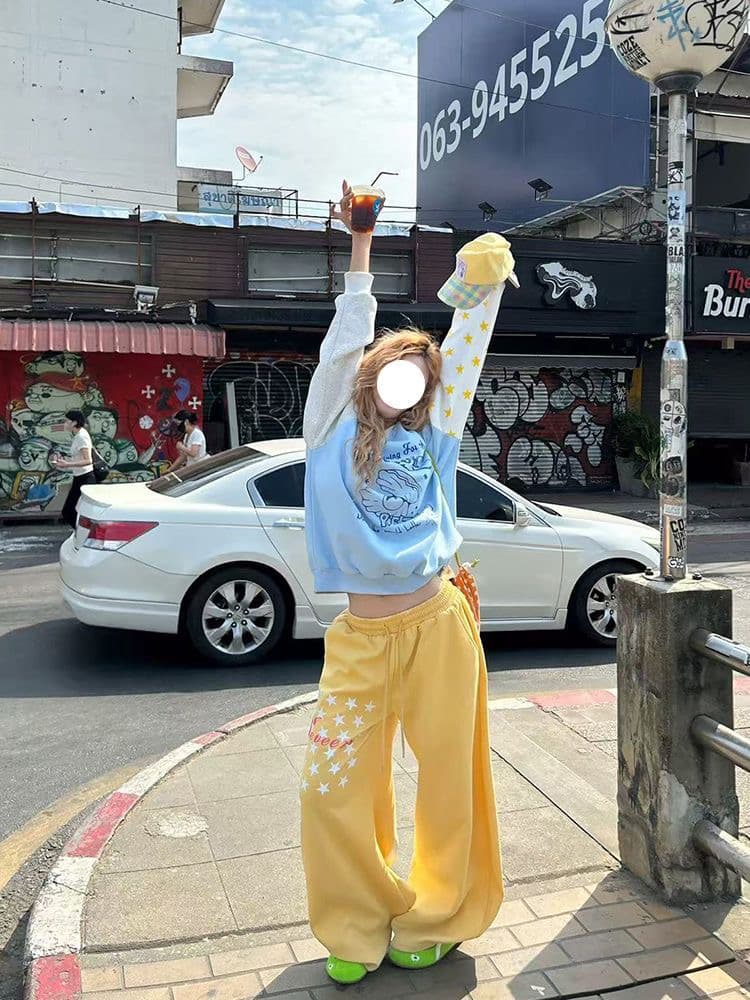 한 부서 학원 활력 배색 삽입 어깨 소매 라운드 넥 후드티 별 알파벳 프린트 디자인 센스 다용도 루즈핏 맨위 이미지 2
