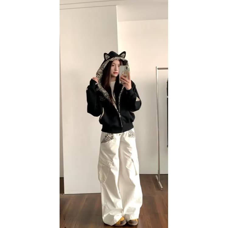 아메리칸 레트로 작은 악마 레오파드 무늬 후드 티 스웨터 남녀 봄 가을 새로운 루즈핏 캐주얼 카디건 코트 트렌디 이미지 2