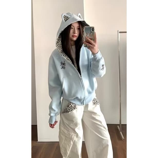 아메리칸 레트로 작은 악마 레오파드 무늬 후드 티 스웨터 남녀 봄 가을 새로운 루즈핏 캐주얼 카디건 코트 트렌디 상세 이미지 1