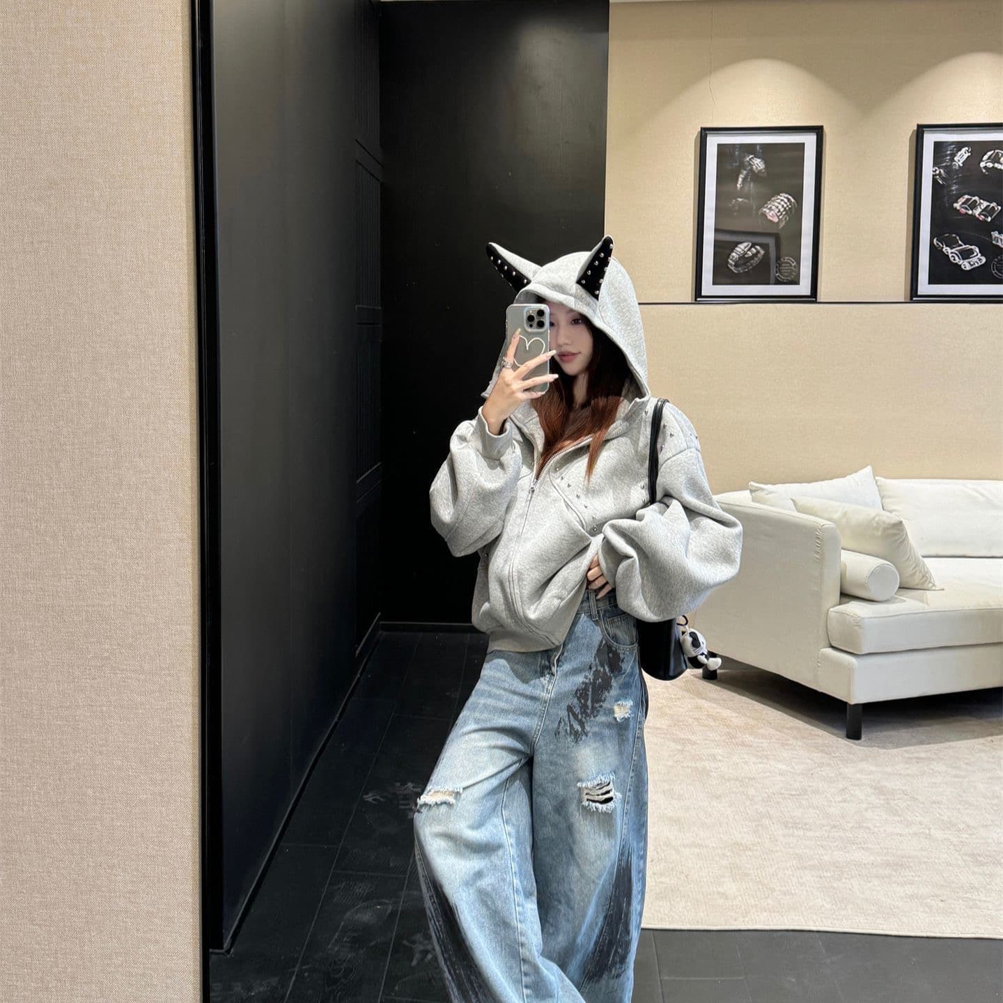 모방 후아 면 원단 재킷 후드 티 스웨터 여성 폭발 루즈핏 다용도 연령 감소 지퍼 트렌디 이미지 3