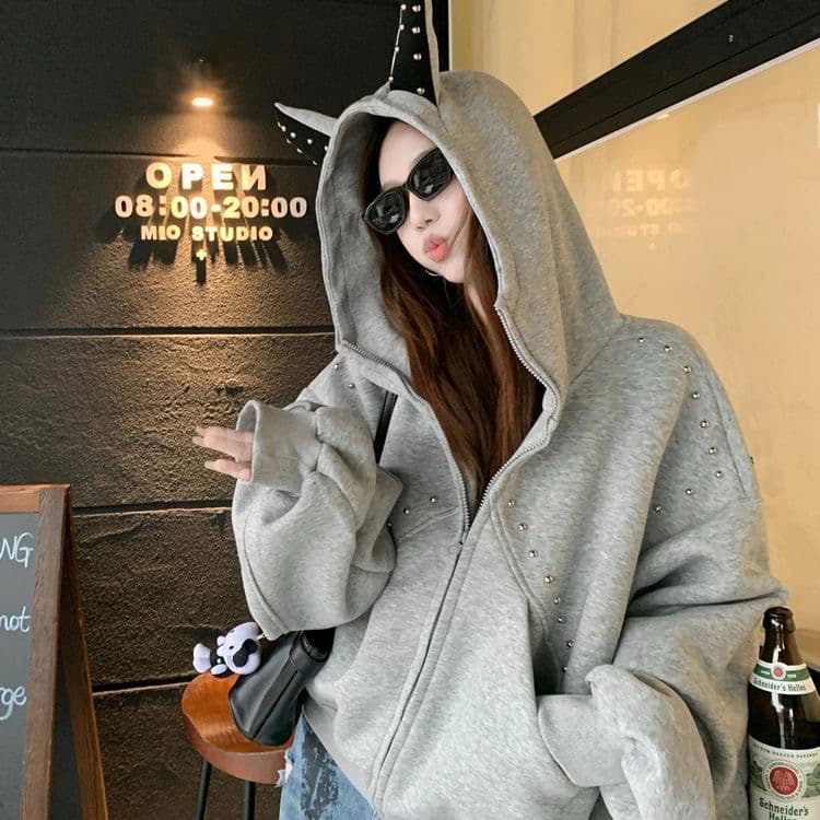 모방 후아 면 원단 재킷 후드 티 스웨터 여성 폭발 루즈핏 다용도 연령 감소 지퍼 트렌디 상세 이미지 4