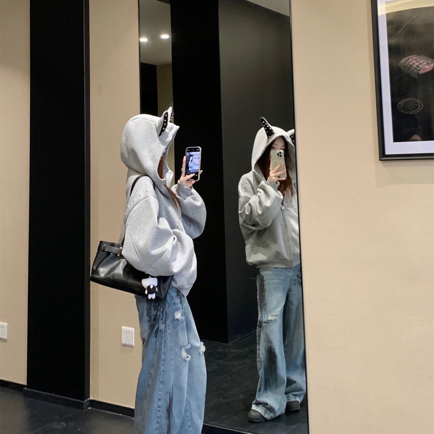 모방 후아 면 원단 재킷 후드 티 스웨터 여성 폭발 루즈핏 다용도 연령 감소 지퍼 트렌디 상세 이미지 5