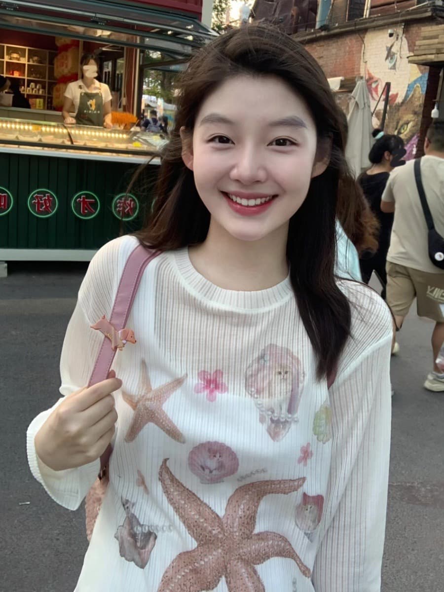 원본 형세 천 프린트 라운드 넥 맨위 여성 의류 이미지 4