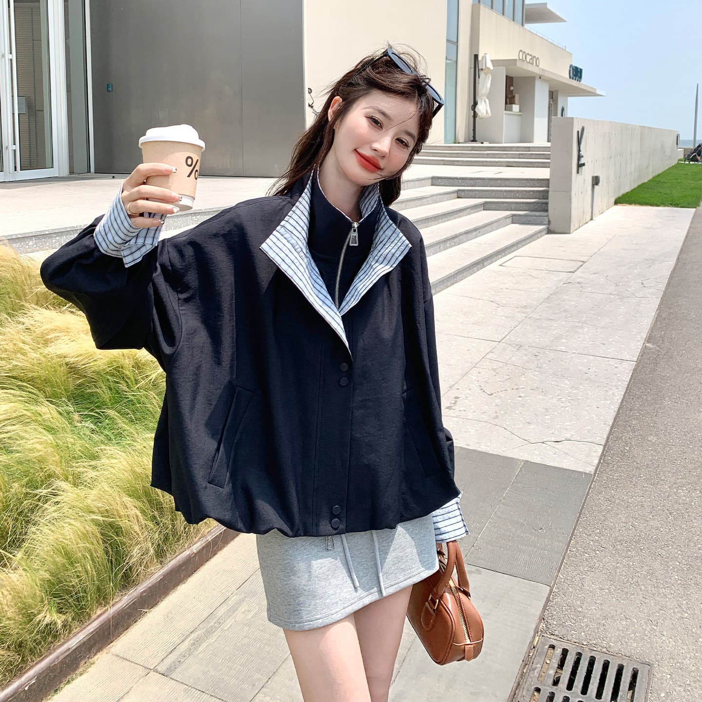 아메리칸 레트로 캐주얼 해군 짧은 여성 코트 봄 가을 고유 한 패치워크 페이크 레이어드 루즈핏 워크웨어 재킷 맨위 이미지 5