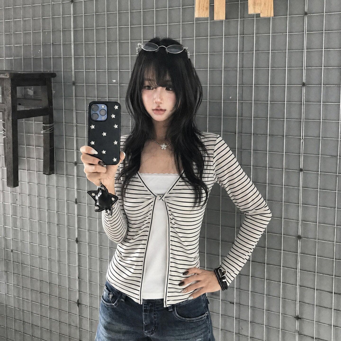 원본 품질 95 주간 실크 라이 경기 서울 5 암모니아 Lun 모달 260 그램 흰색 배경 블랙 스트라이프 페이크 레이어드 티셔츠 상세 이미지 5