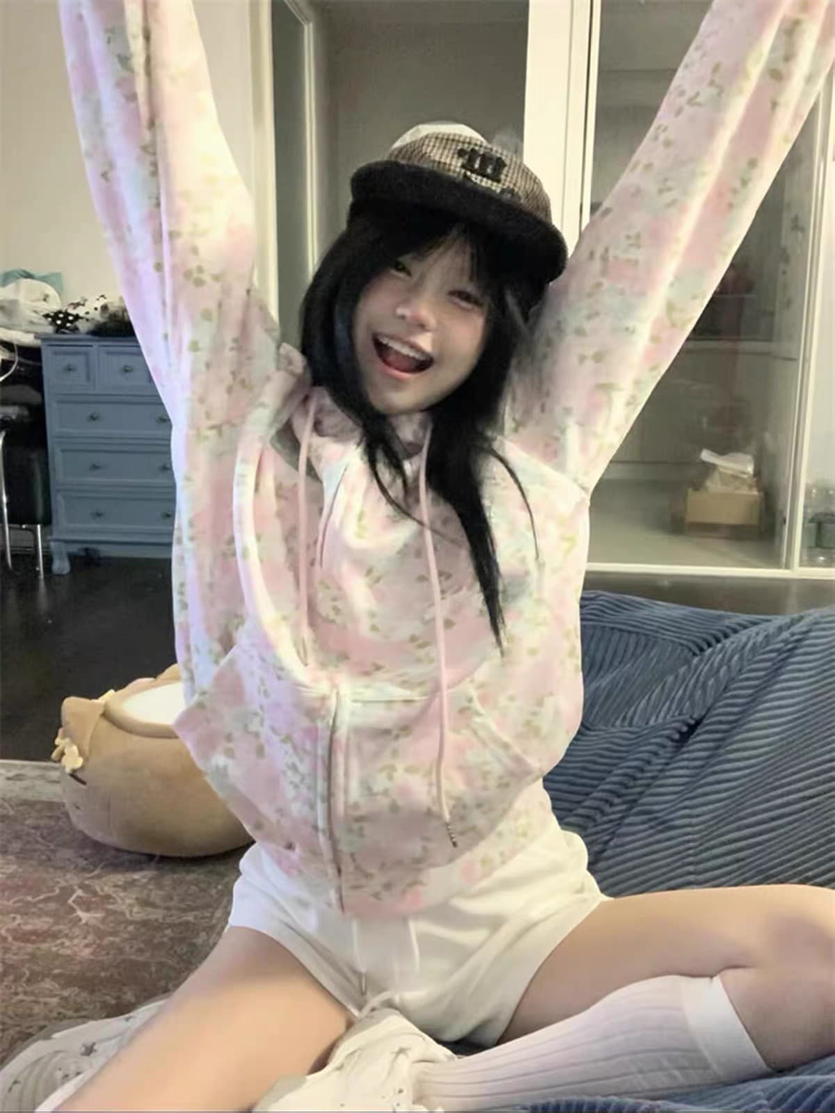 후아 면 복합 꽃무늬 전체 인쇄 긴팔 후드티 여성 아메리칸 느긋한 바람 루즈핏 캐주얼 카디건 코트 이미지 2