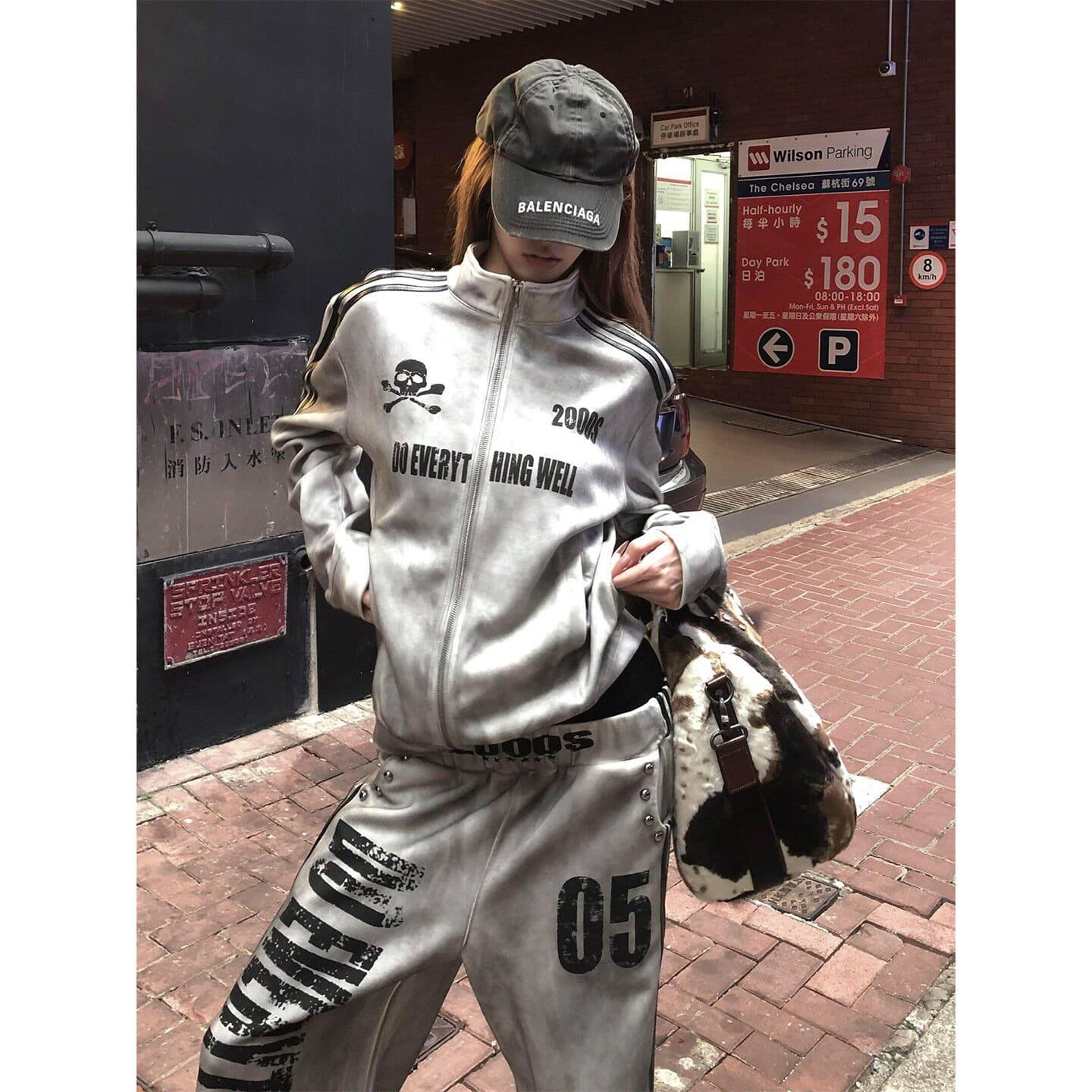 아메리칸 레트로 캐주얼 스포츠 슈트 여성 봄 새로운 스트레이트 루즈핏 와이드 레그 팬츠 스탠드 칼라 오픈 가디건 후드티 재킷
