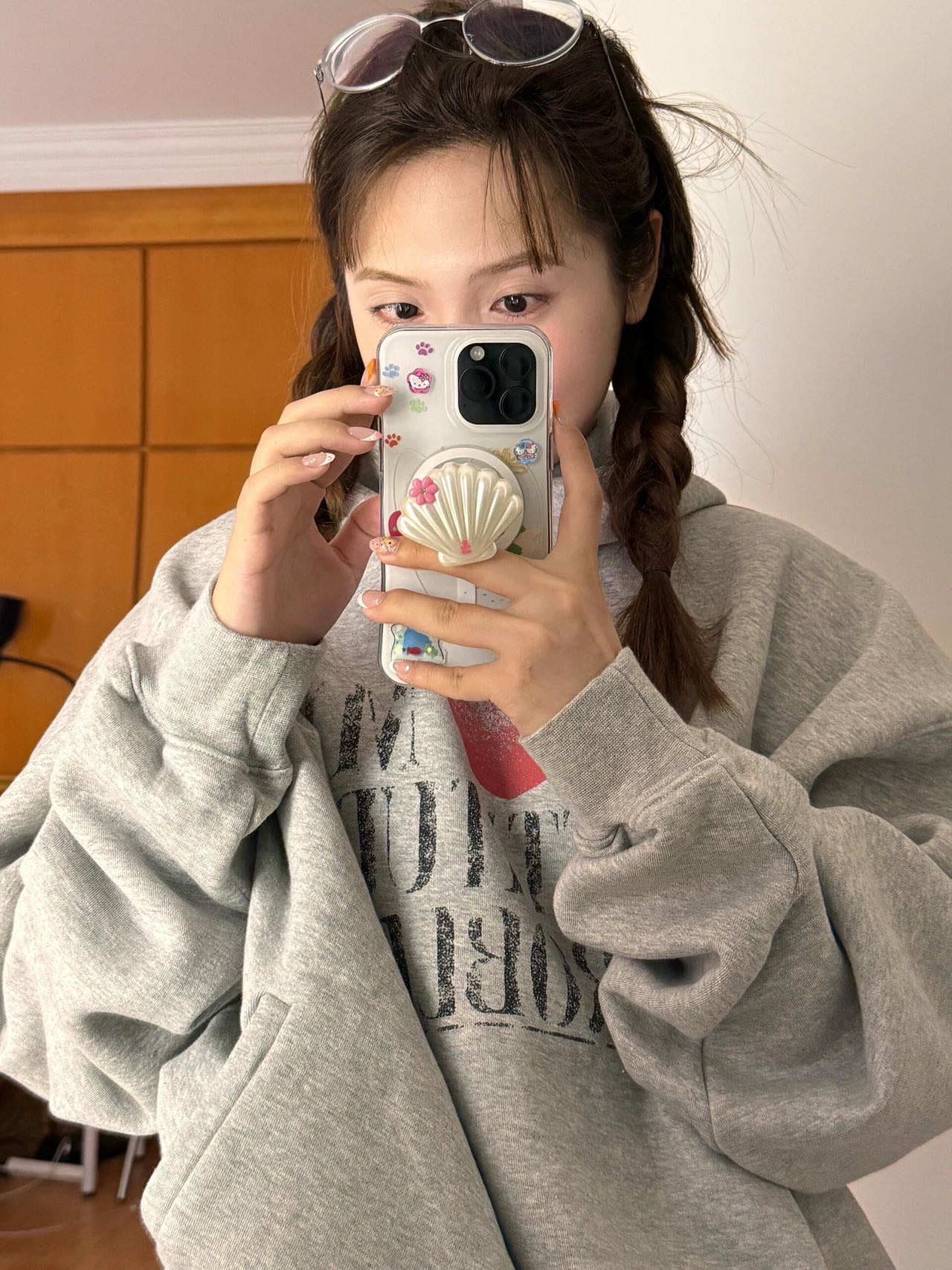 후아 면 복합 없음 모자 로프 있음 주머니 후드 티 스웨터 여성 프린트 얇은 스타일 털이 있는 상세 이미지 2