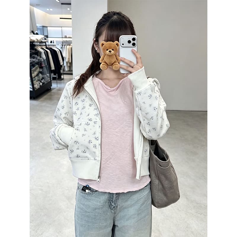 원본 것 꽃무늬 전체 인쇄 이후 패키지 칼라 6535 Mianhua 남편 그리드 복합 후드티 여성 이미지 4