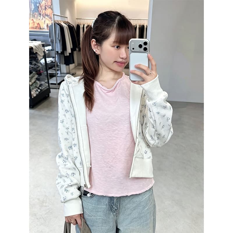 원본 것 꽃무늬 전체 인쇄 이후 패키지 칼라 6535 Mianhua 남편 그리드 복합 후드티 여성 이미지 5