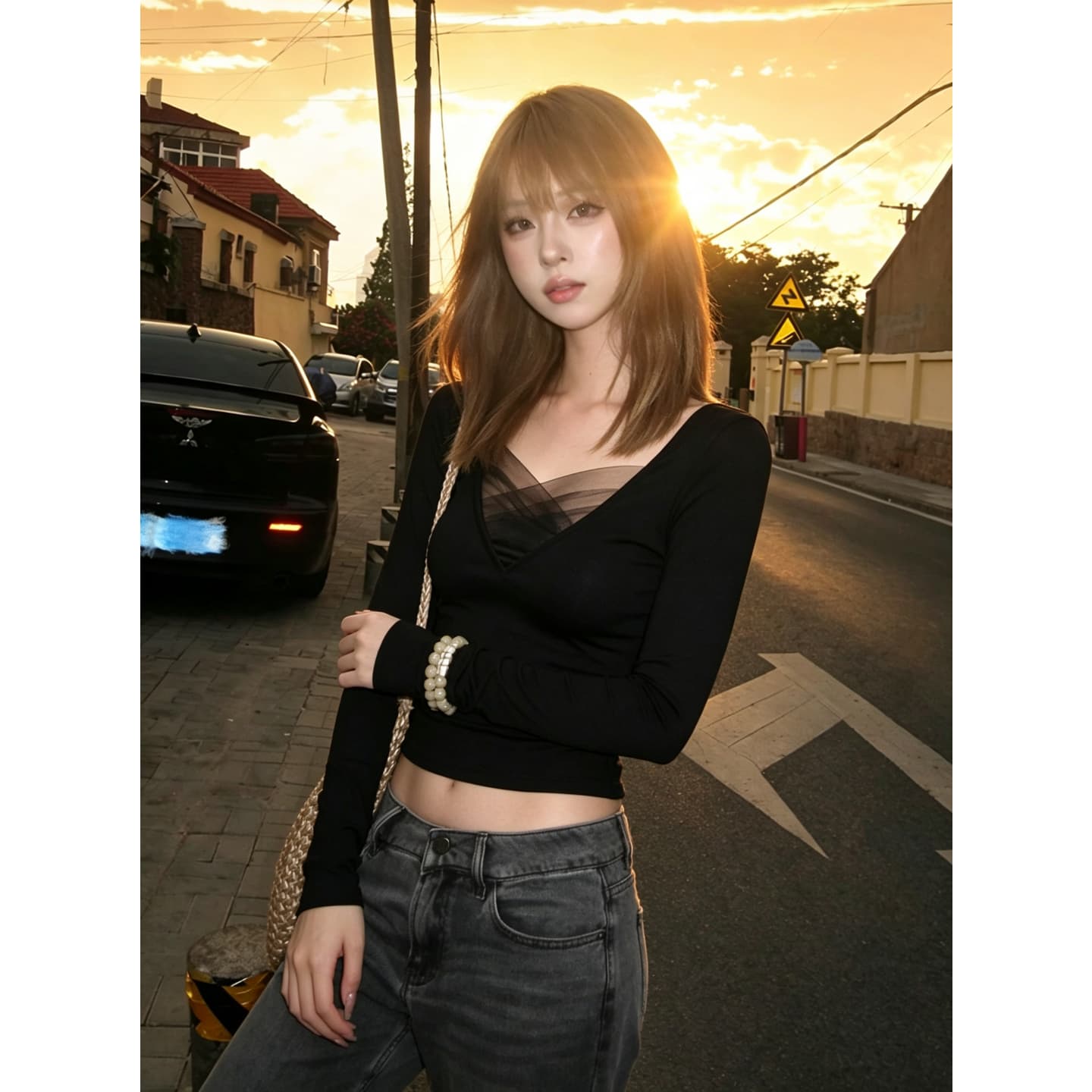 경관 그림 와 사고 방식 모달 260 그램 1 1 핫걸 V넥 망사 패치워크 긴팔 티셔츠 이미지 3
