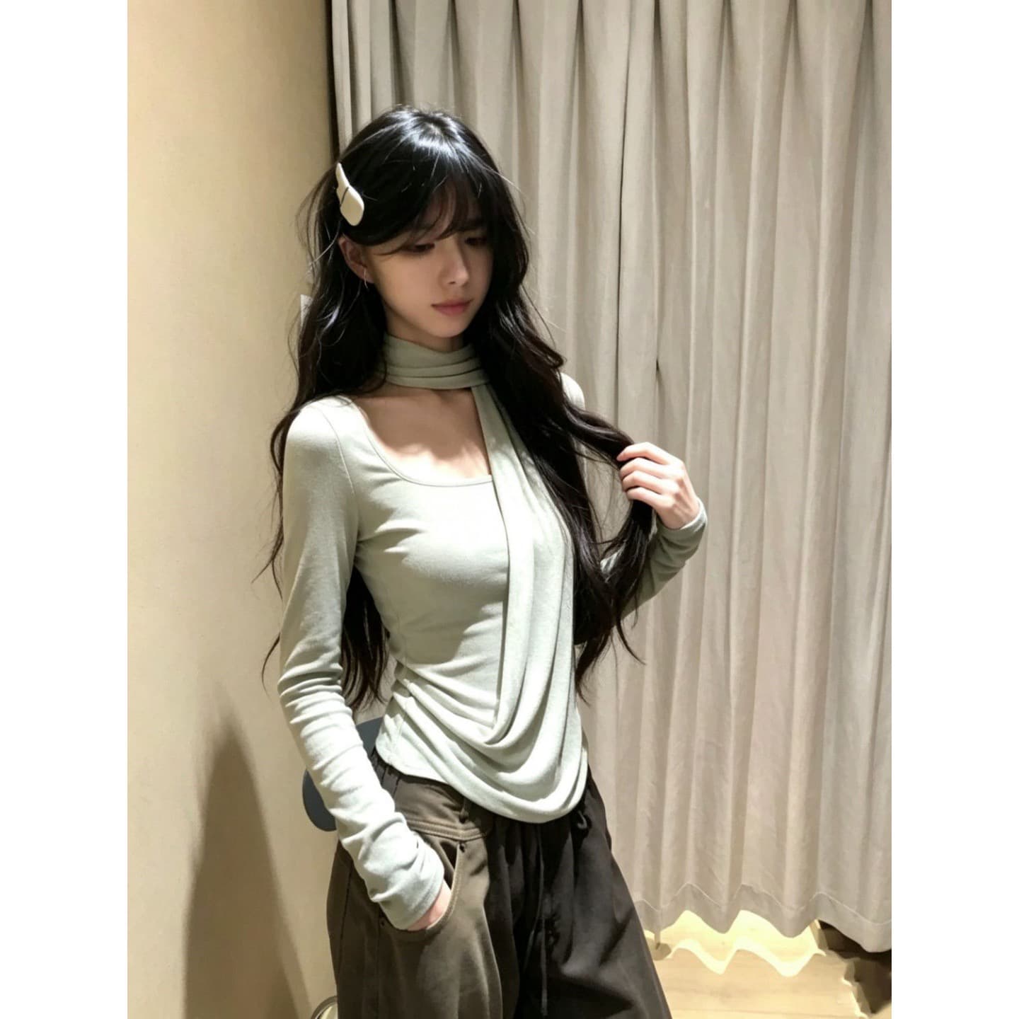 경관 그림 와 사고 방식 모달 260 그램 1 1 가을 겨울철 새로운 페이크 레이어드 도루 Pleat 기본 셔츠 상세 이미지 3