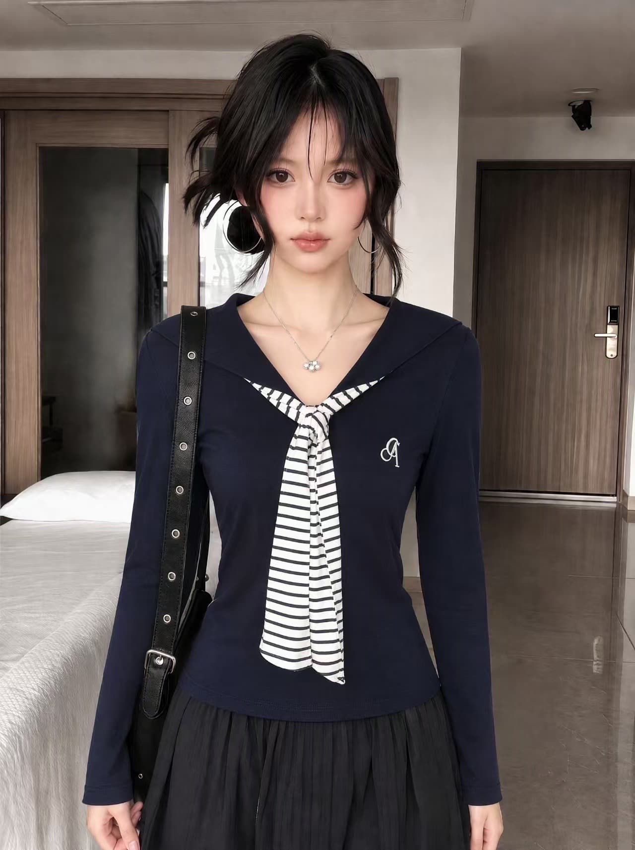 원본 원단 사람들 면 와 사고 방식 삽입 색상 눈꽃 면 가로 줄무늬 해군 칼라 스트라이프 기본 셔츠