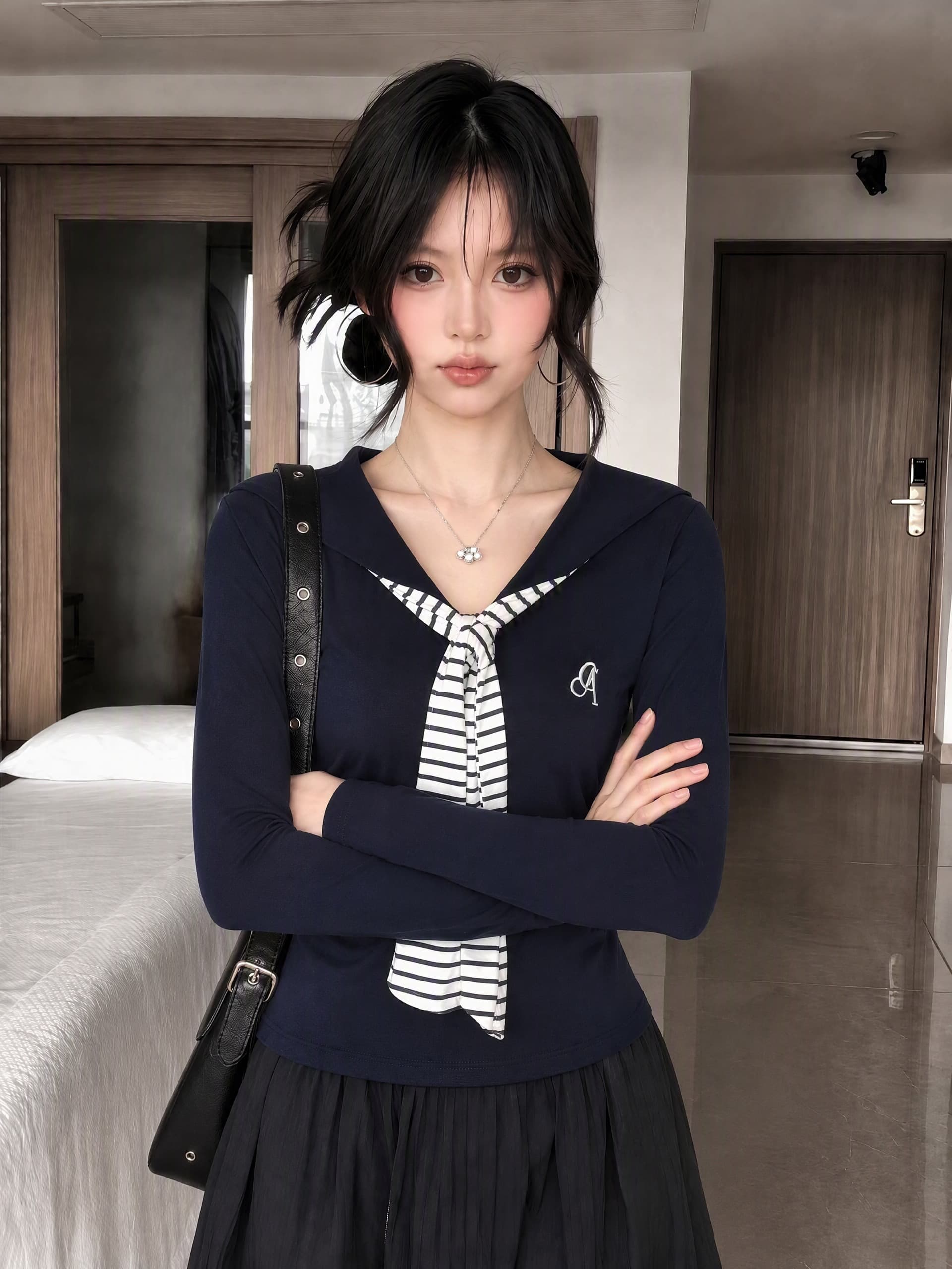 원본 원단 사람들 면 와 사고 방식 삽입 색상 눈꽃 면 가로 줄무늬 해군 칼라 스트라이프 기본 셔츠 상세 이미지 2