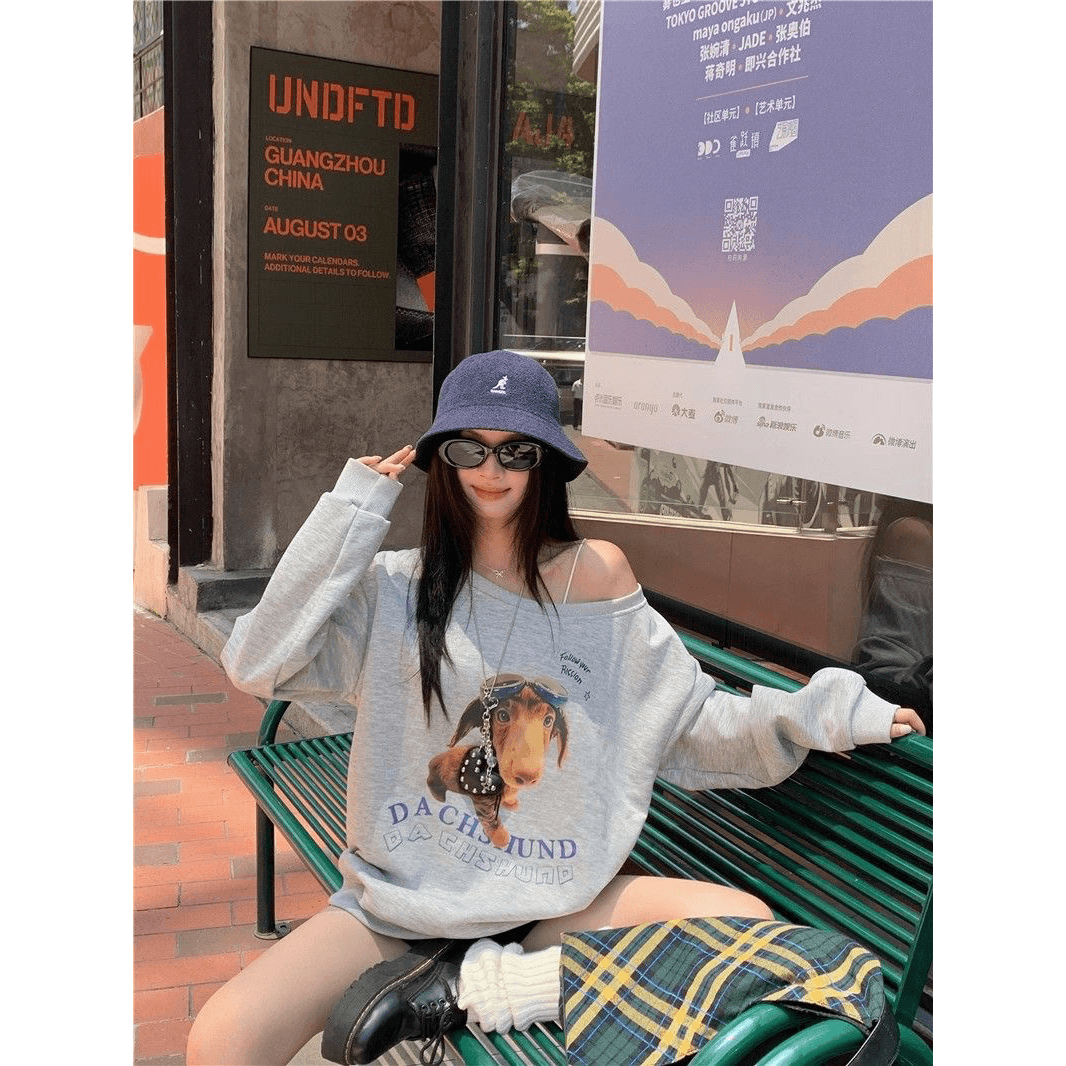 아메리칸 레트로 핫걸 비스듬한 어깨 프린트 루즈핏 후드티 이미지 5