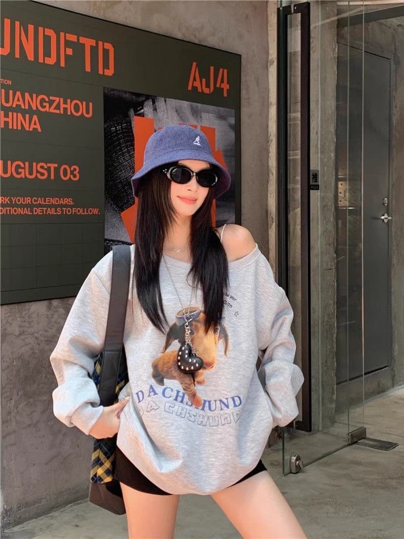 아메리칸 레트로 핫걸 비스듬한 어깨 프린트 루즈핏 후드티 상세 이미지 1