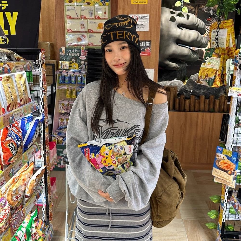 아메리칸 레트로 핫걸 비스듬한 어깨 프린트 루즈핏 후드티 이미지 3