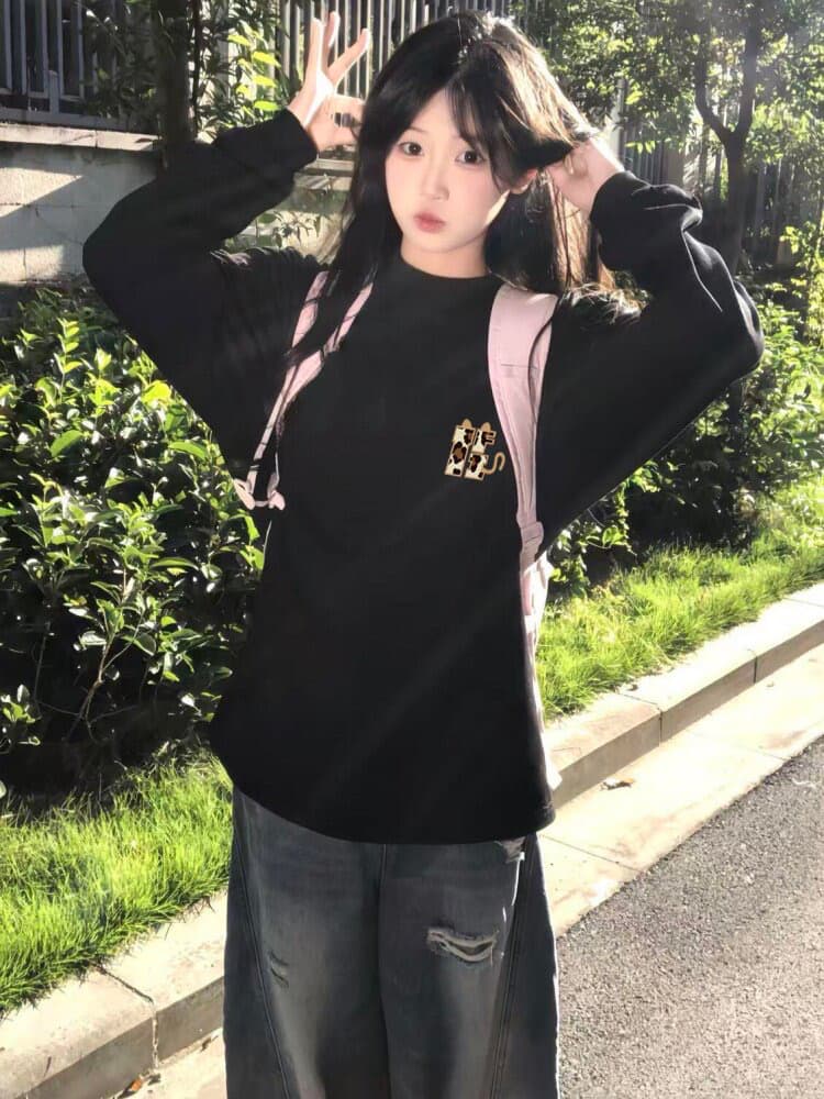 원본 것 순면 200그램 21 음식 털 느낌 프린트 루즈핏 만나는 손 소매 뭉치 구두 긴팔 티셔츠 상세 이미지 3