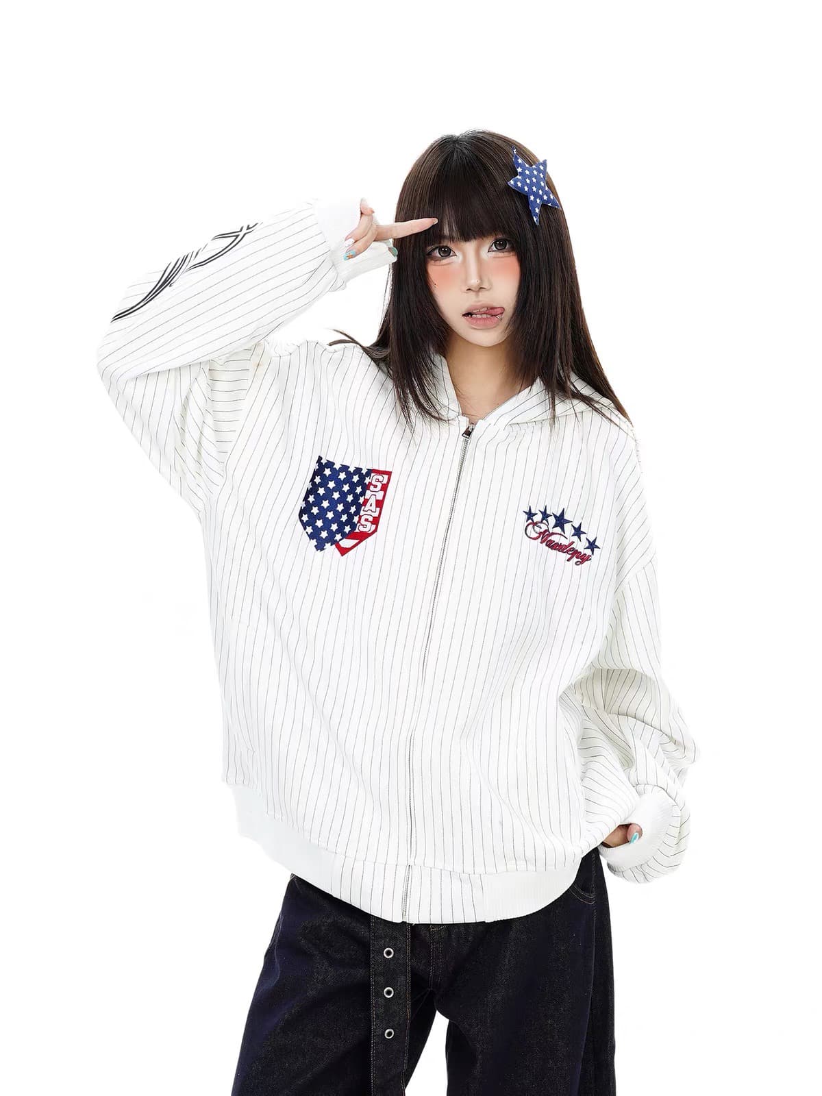 아메리칸 레트로 스트라이프 알파벳 후드 티 스웨터 지퍼 오픈 가디건 루즈핏 캐주얼 남녀 가을 재킷 상세 이미지 2