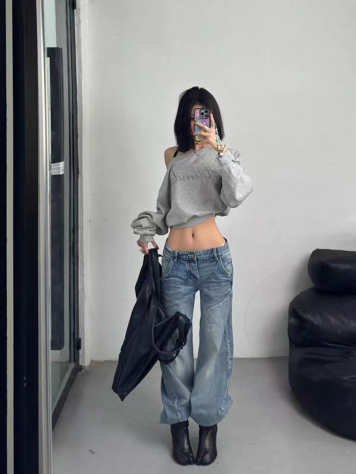 핫픽스 원본 것 아메리칸 핫걸 회색 비스듬한 어깨 후드티 여성 봄 가을 긴팔 이미지 2