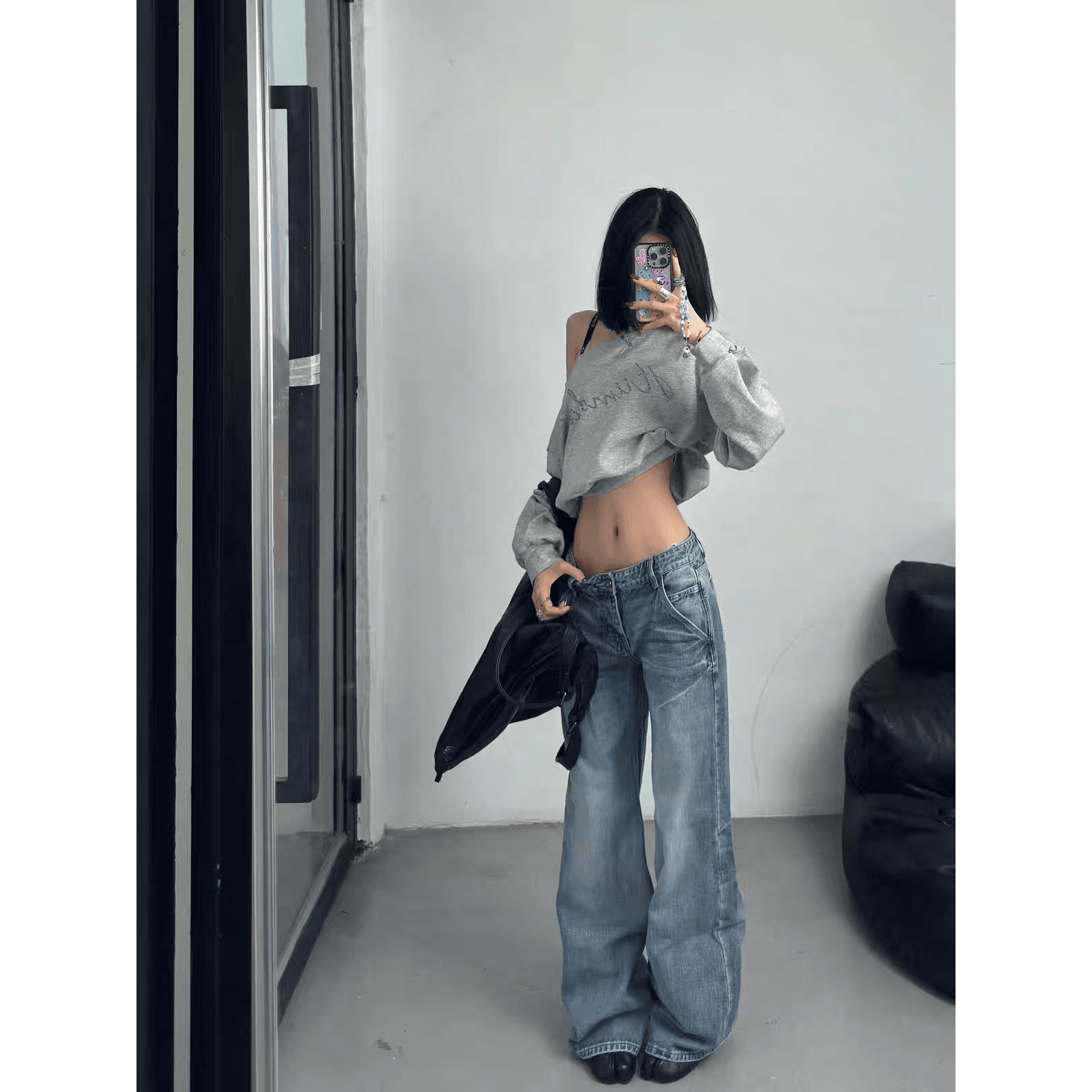 핫픽스 원본 것 아메리칸 핫걸 회색 비스듬한 어깨 후드티 여성 봄 가을 긴팔 이미지 5