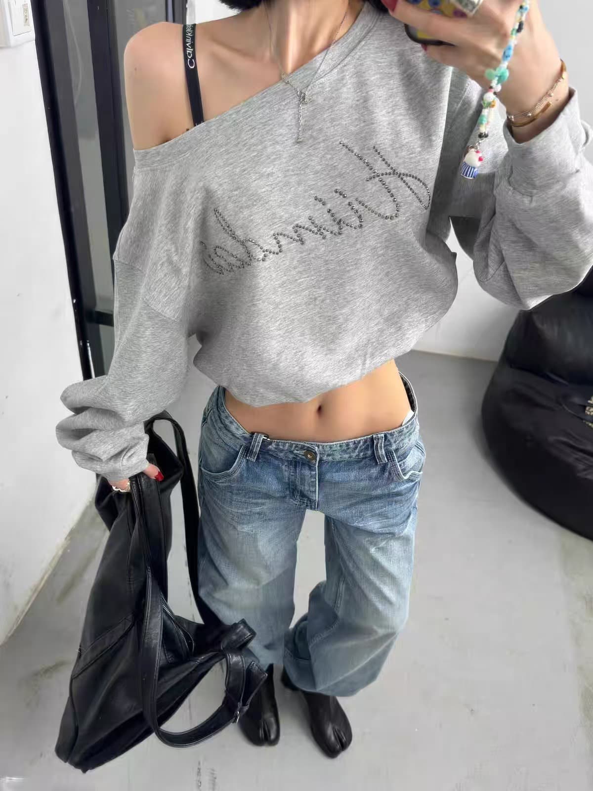 핫픽스 원본 것 아메리칸 핫걸 회색 비스듬한 어깨 후드티 여성 봄 가을 긴팔 상세 이미지 1