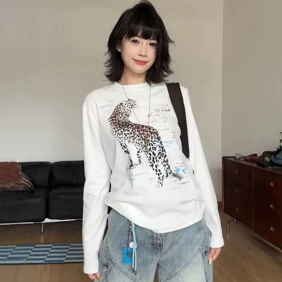 21 순면 이후 패키지 칼라 프린트 긴팔 티셔츠 여성 루즈핏 라운드 넥 맨위 상세 이미지 1