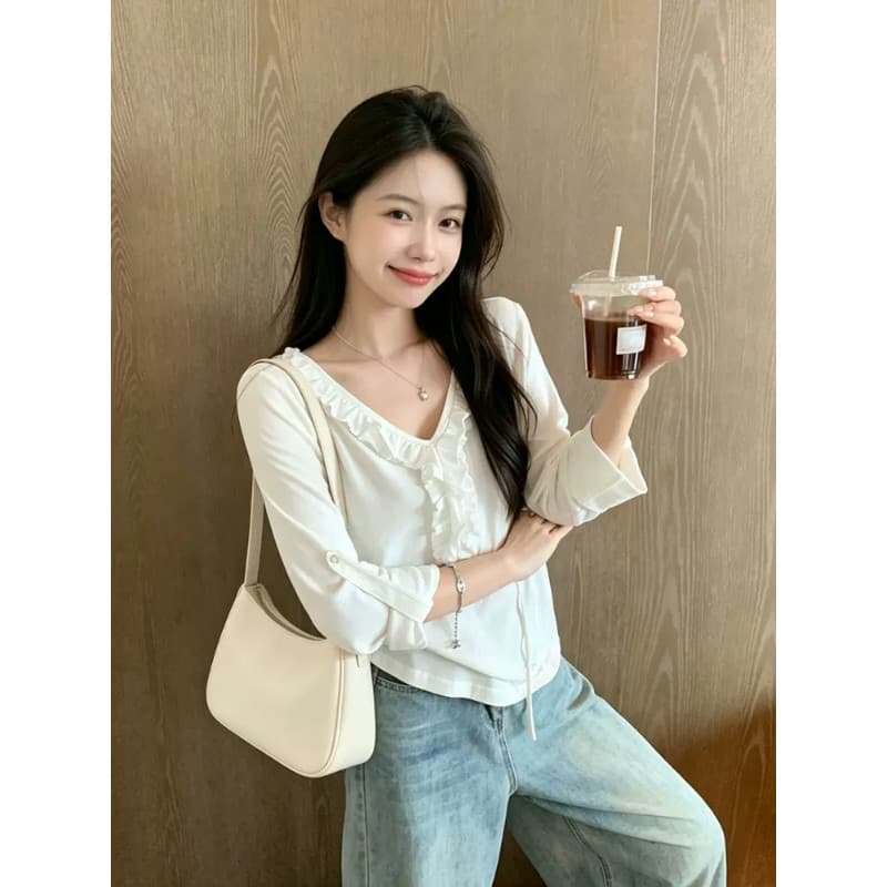 눈꽃 면 달콤한 스타일 V넥 프릴 레이스업 티셔츠 여성 디자인 센스 작은 대중 다용도 루즈핏 슬림해 보이는 맨위 상세 이미지 3
