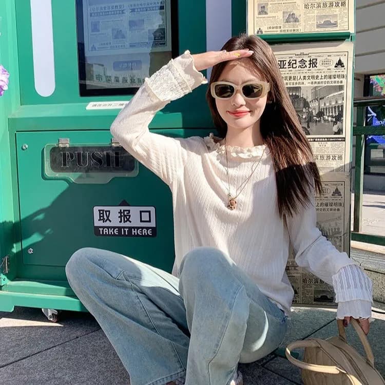 광저우 원단 맨위 한 부서 인사이드 가져 가라. 싱글 착용 살구 색상 긴팔 기본 셔츠 그레이트 봐라. 레이스 홀로우 아웃 상세 이미지 4
